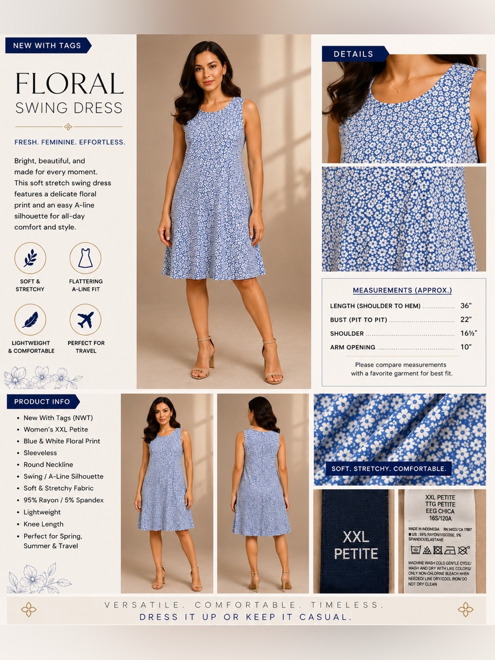 🆕 Old Navy Blue Floral Swing Dress XXL Petite Sleeveless A-Line Soft Stretch